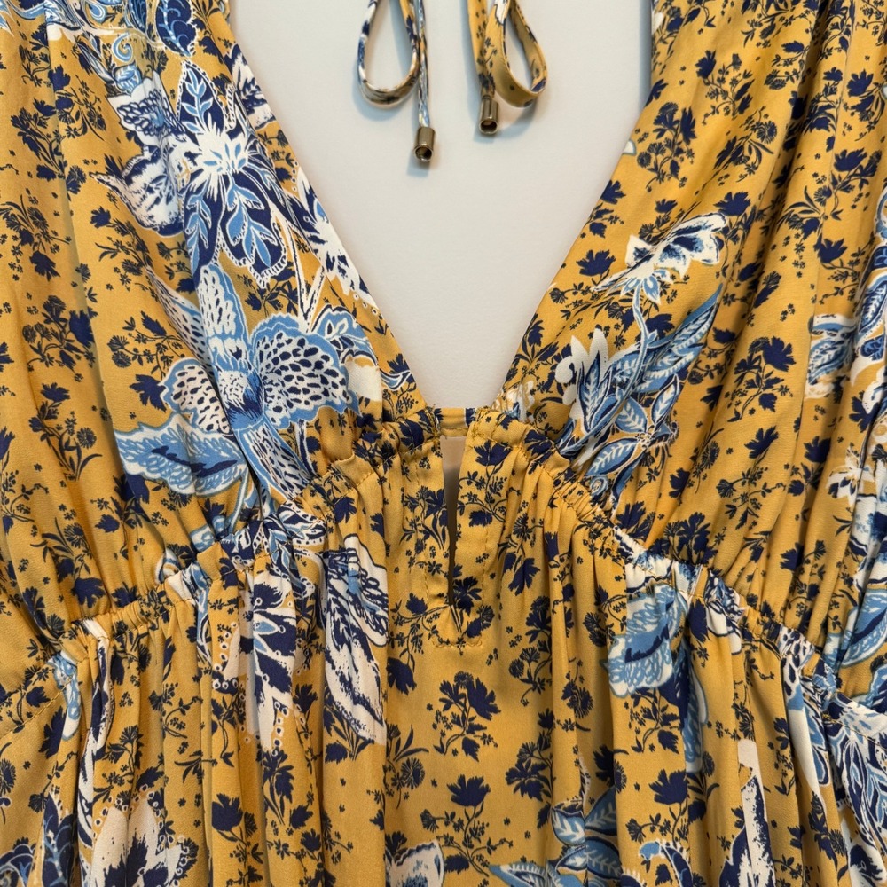 Free People Golden Hour Combo Mini Dress Yellow Floral Long Sleeve Pockets M
